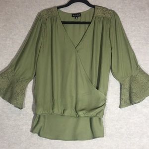 MY MICHELLE Floral Lace Trimmed Poly Jersey Knit Cross-Over Front & Bell Sleeves